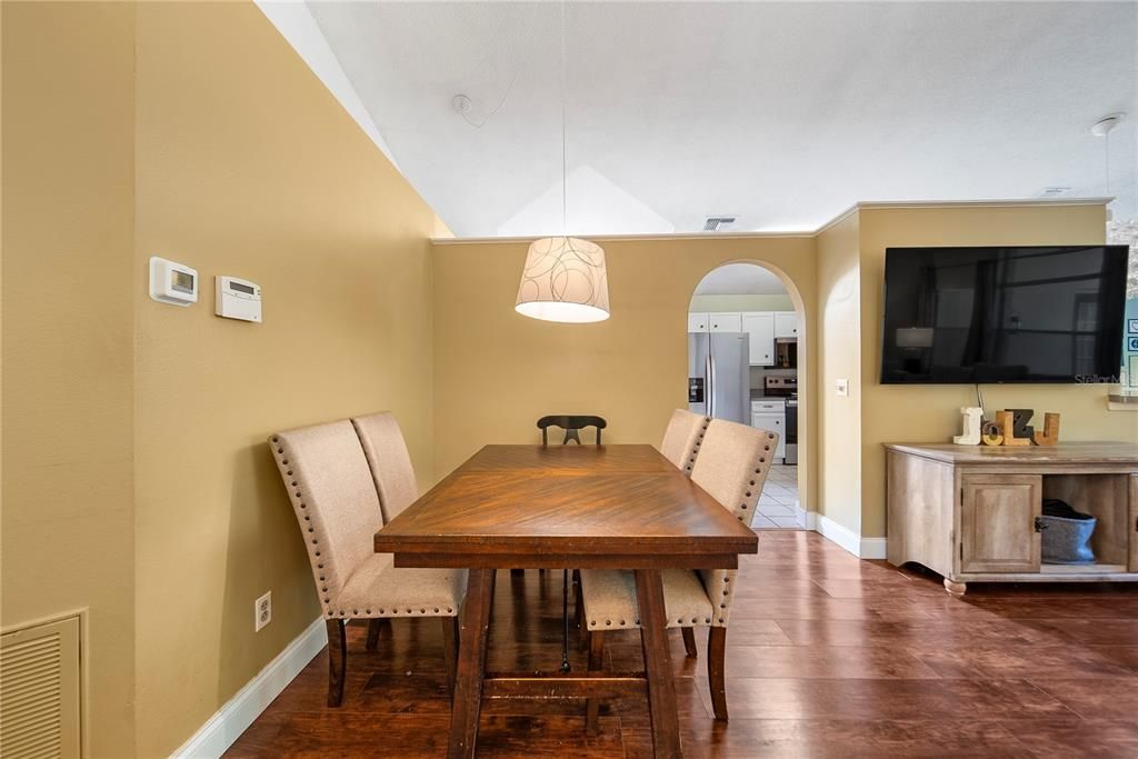 Dining room, Interior, Pendant Lights, Wood Texture Flooring