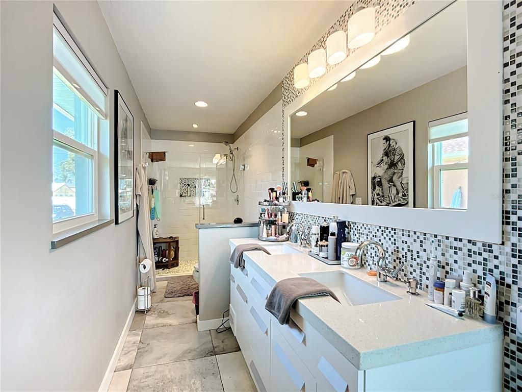 Bathroom, Dual Sink Vanities, Glass Shower, Interior, Recessed Lighting