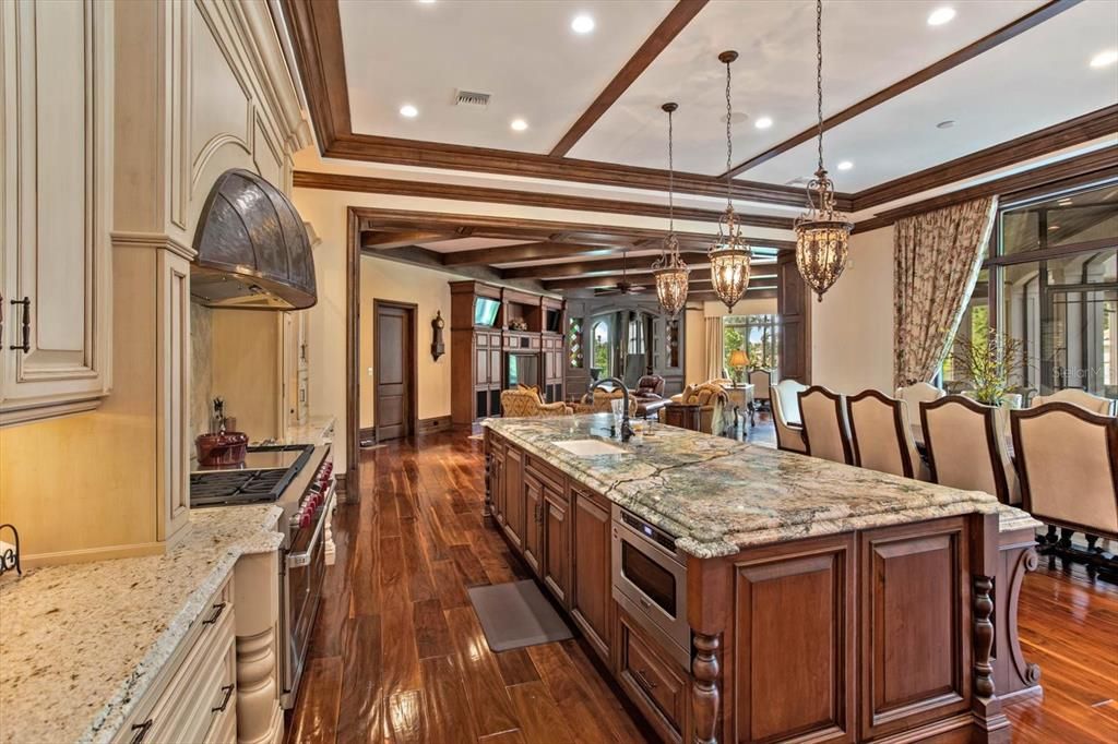Chandelier, Dining room, Interior, Kitchen, Pendant Lights, Recessed Lighting, Wooden Beams, Wood Texture Flooring