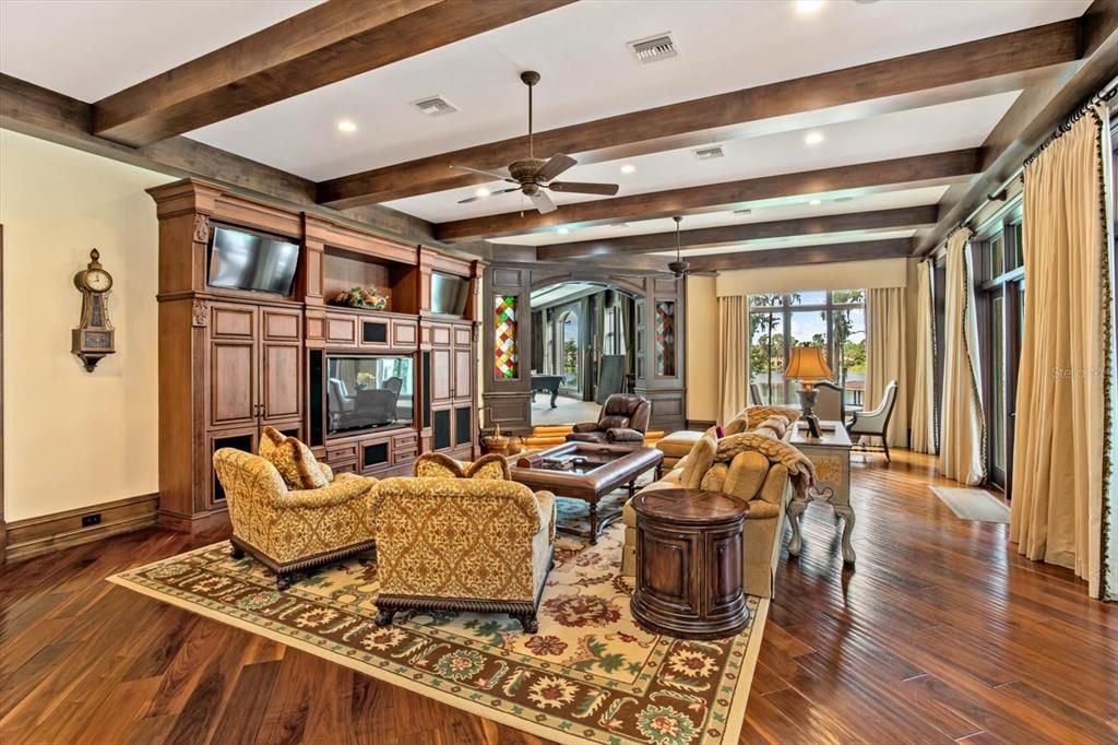 Interior, Living room, Recessed Lighting, Wooden Beams, Wood Texture Flooring