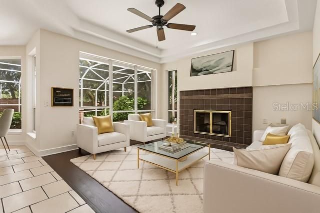 Fireplace, Interior, Living room, Recessed Lighting, Wood Texture Flooring