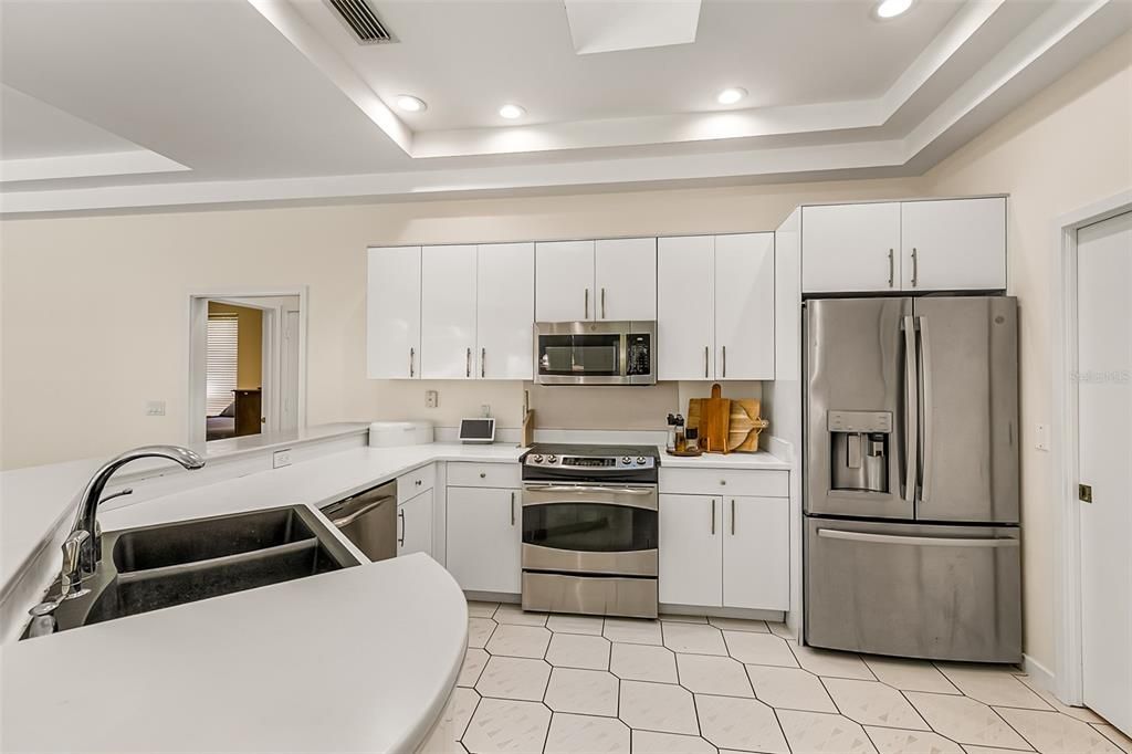 Interior, Kitchen, Marble, Recessed Lighting, Stainless Steel Appliances