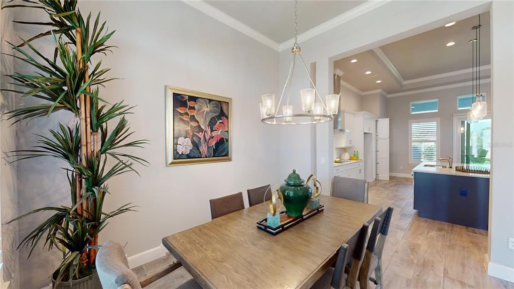 Dining room, Interior, Pendant Lights, Recessed Lighting, Wood Texture Flooring