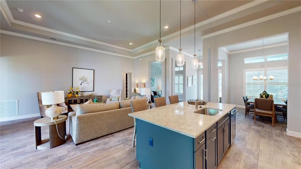 Chandelier, Dining room, Interior, Living room, Pendant Lights, Recessed Lighting, Wood Texture Flooring