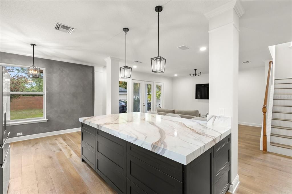 Interior, Kitchen, Pendant Lights, Recessed Lighting, Wood Texture Flooring