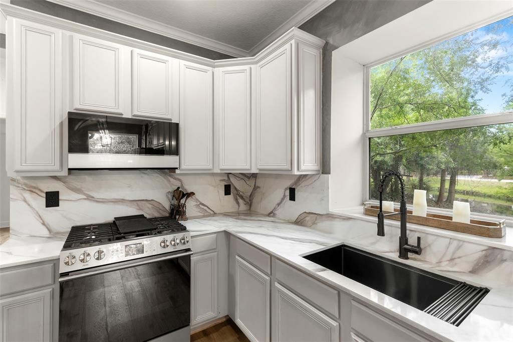 Interior, Kitchen, Marble Walls, Stainless Steel Appliances, Wood Texture Flooring