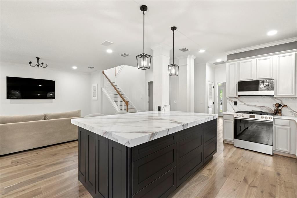 Interior, Kitchen, Living room, Pendant Lights, Recessed Lighting, Stainless Steel Appliances, Wood Texture Flooring