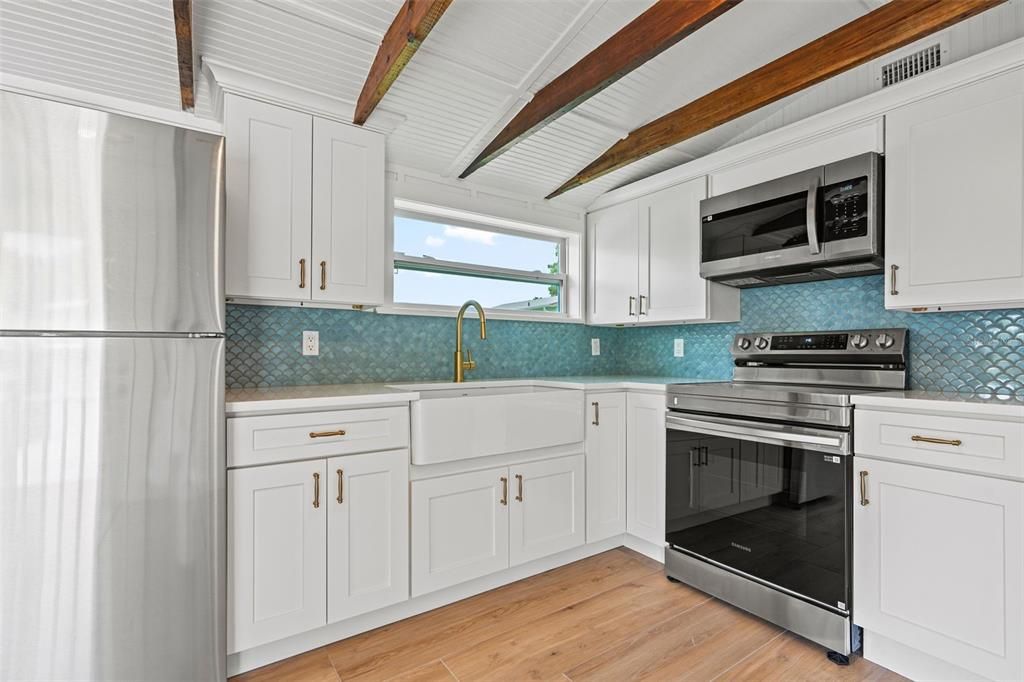 Interior, Kitchen, Stainless Steel Appliances, Wooden Beams, Wood Texture Flooring