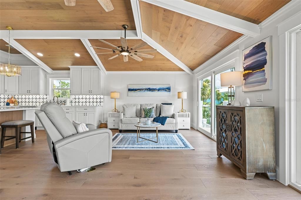 Interior, Living room, Pendant Lights, Recessed Lighting, Wooden Ceilings, Wood Texture Flooring