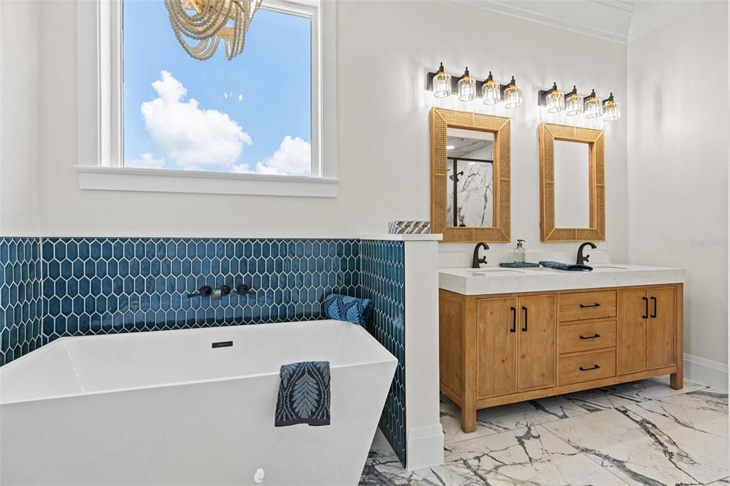 Bathroom, Dual Sink Vanities, Free Standing Baths, Interior, Marble