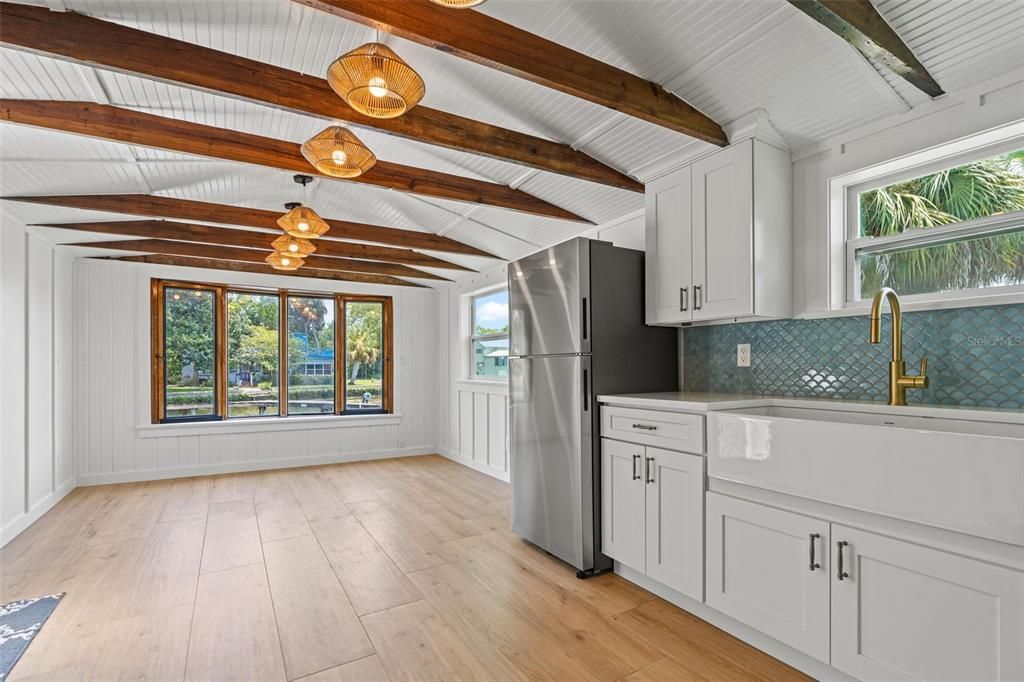 Interior, Kitchen, Pendant Lights, Wooden Beams, Wood Texture Flooring