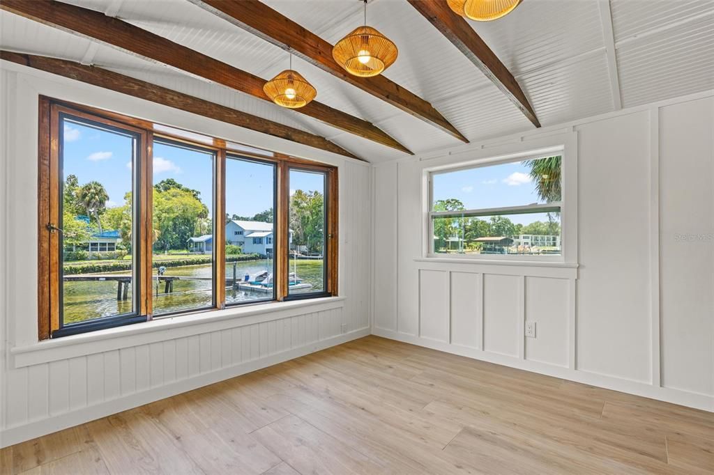 Empty room, Interior, Pendant Lights, Wooden Beams, Wood Texture Flooring