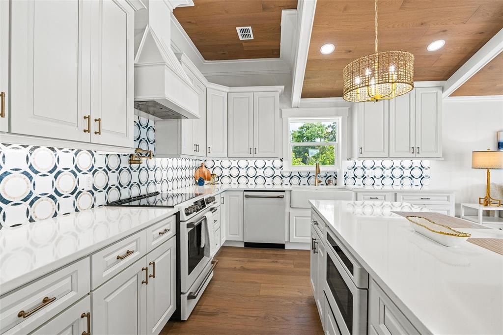 Interior, Kitchen, Pendant Lights, Recessed Lighting, Stainless Steel Appliances, Wooden Ceilings, Wood Texture Flooring