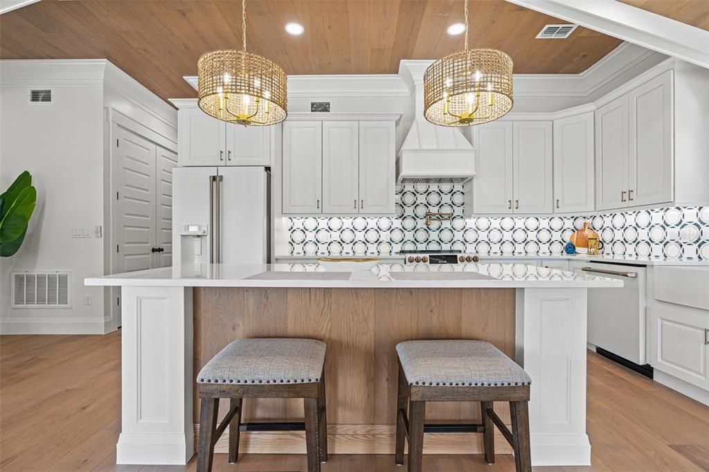 Interior, Kitchen, Pendant Lights, Recessed Lighting, Stainless Steel Appliances, Wooden Ceilings, Wood Texture Flooring