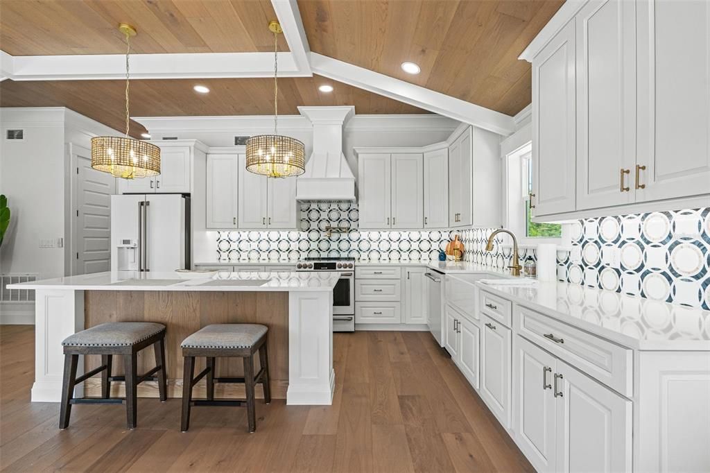 Interior, Kitchen, Pendant Lights, Recessed Lighting, Stainless Steel Appliances, Wooden Ceilings, Wood Texture Flooring