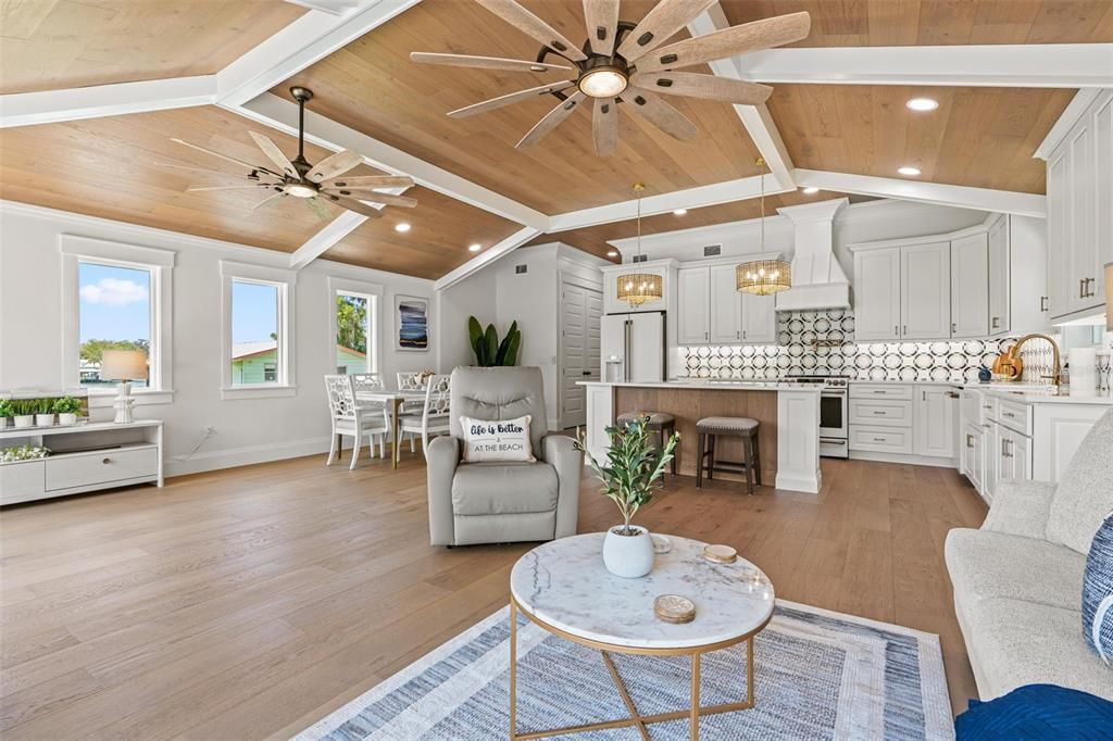 Dining room, Interior, Kitchen, Living room, Pendant Lights, Recessed Lighting, Wooden Ceilings, Wood Texture Flooring