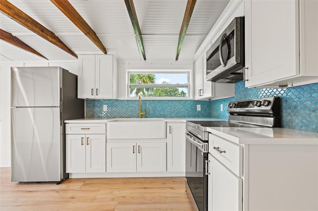 Interior, Kitchen, Stainless Steel Appliances, Wooden Beams, Wood Texture Flooring