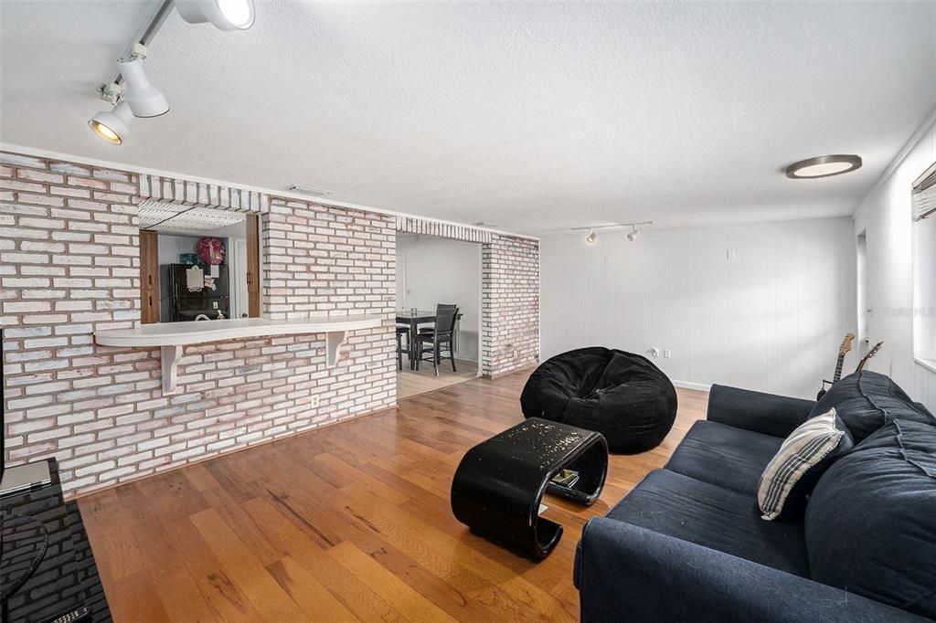 Interior, Living room, Stone Walls, Wood Texture Flooring