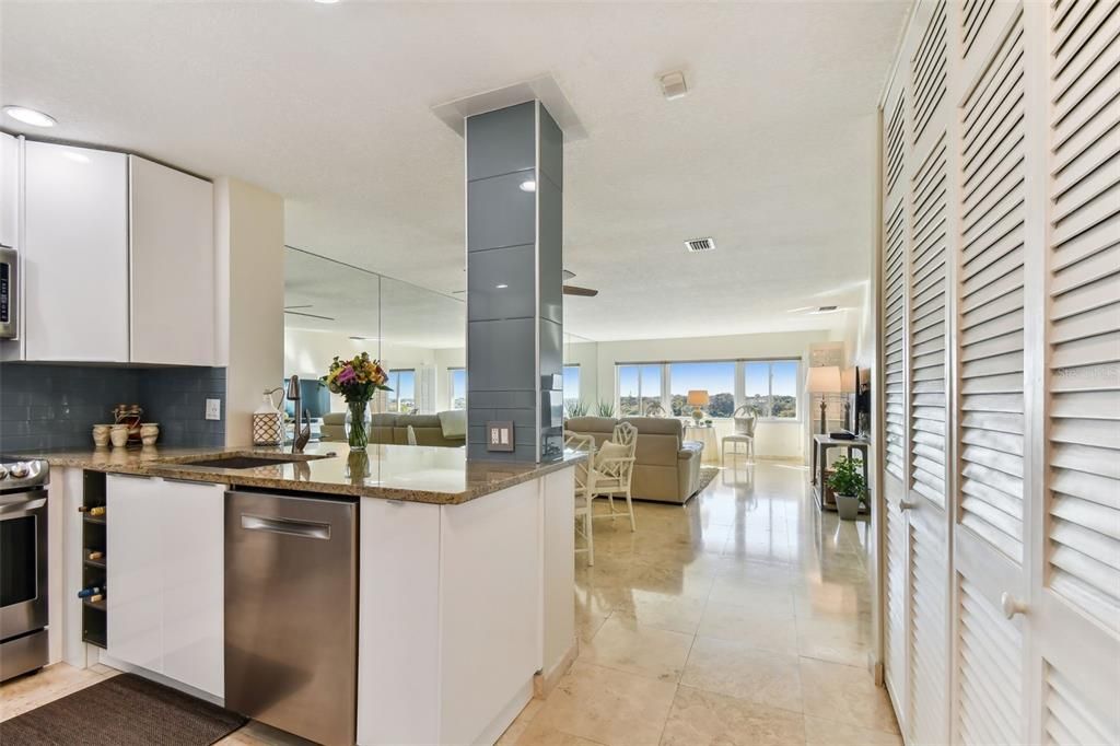 Fireplace, Interior, Kitchen, Living room, Recessed Lighting, Stainless Steel Appliances