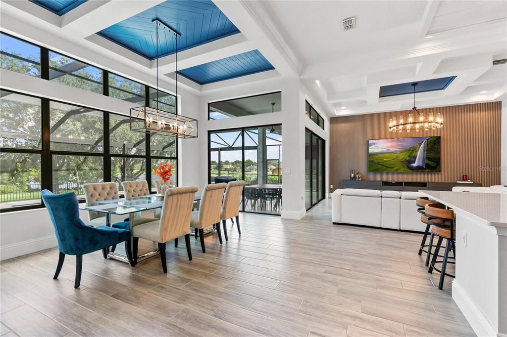 Chandelier, Dining room, Interior, Living room, Pendant Lights, Recessed Lighting, Wood Texture Flooring