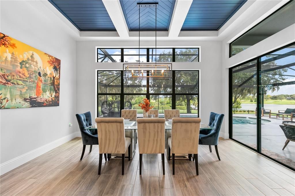 Dining room, Interior, Pendant Lights, Sun Room, Water, Wood Texture Flooring