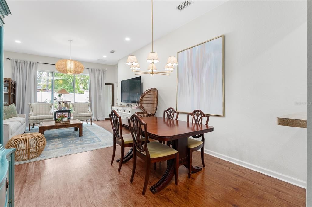 Chandelier, Dining room, Interior, Living room, Pendant Lights, Recessed Lighting, Wood Texture Flooring