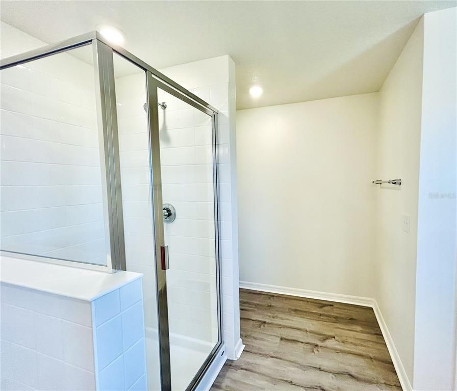 Bathroom, Glass Shower, Interior, Recessed Lighting, Wood Texture Flooring