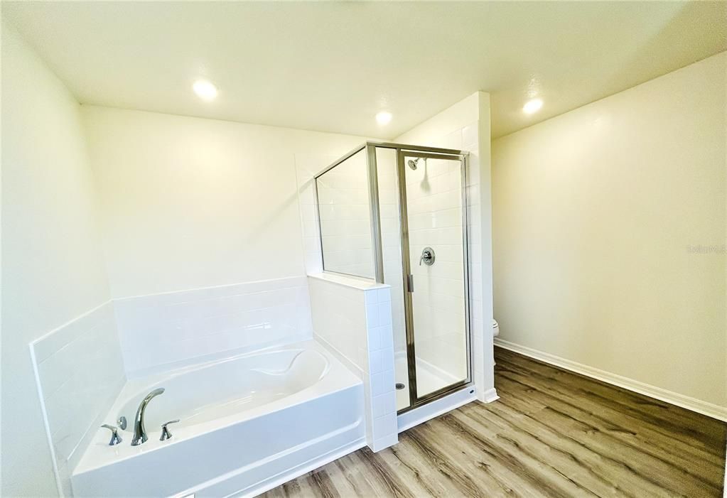 Bathroom, Glass Shower, Interior, Recessed Lighting, Wood Texture Flooring