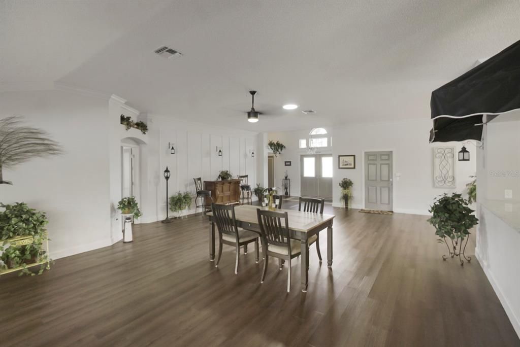 Dining room, Interior, Recessed Lighting, Wood Texture Flooring