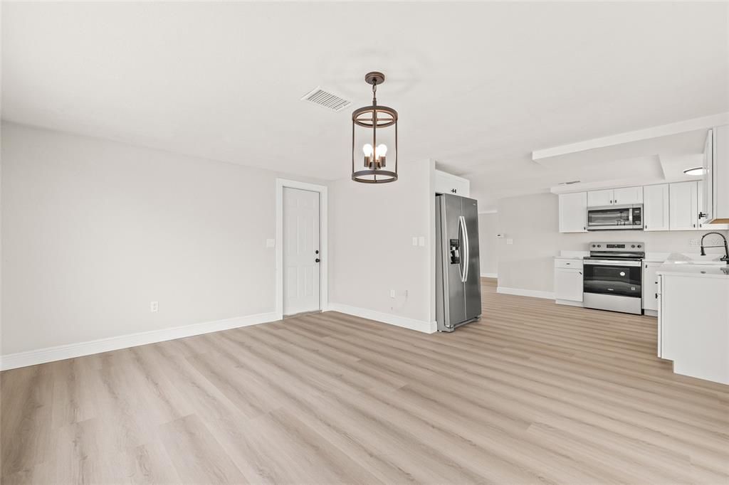Interior, Kitchen, Pendant Lights, Stainless Steel Appliances, Wood Texture Flooring