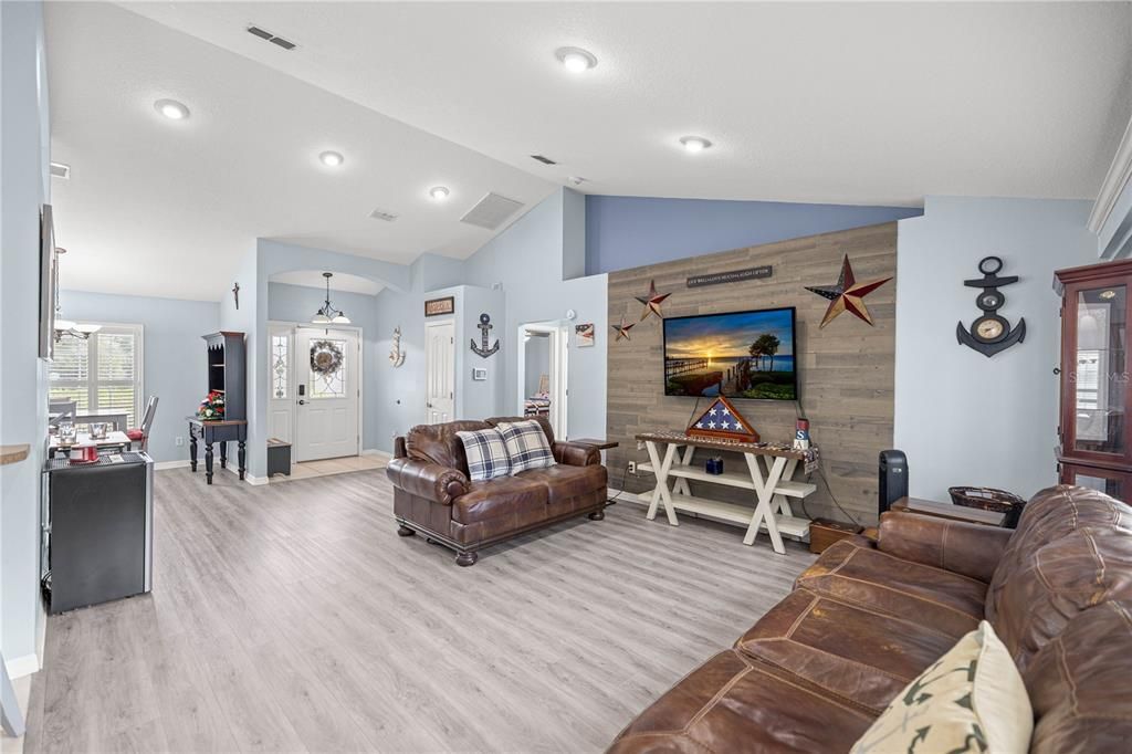 Interior, Living room, Recessed Lighting, Wood Texture Flooring, Wooden Walls