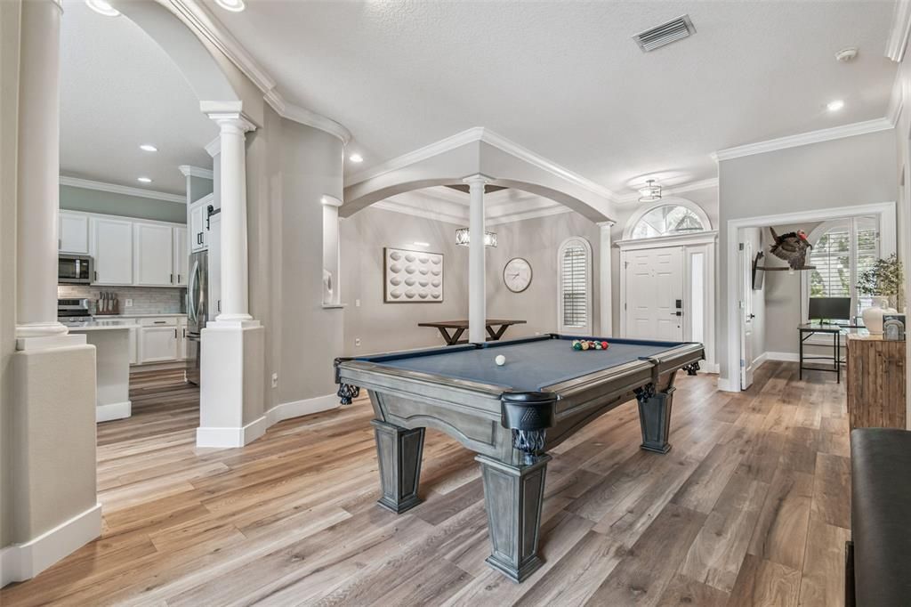 Billiard Table, Game Room, Interior, Recessed Lighting, Wood Texture Flooring