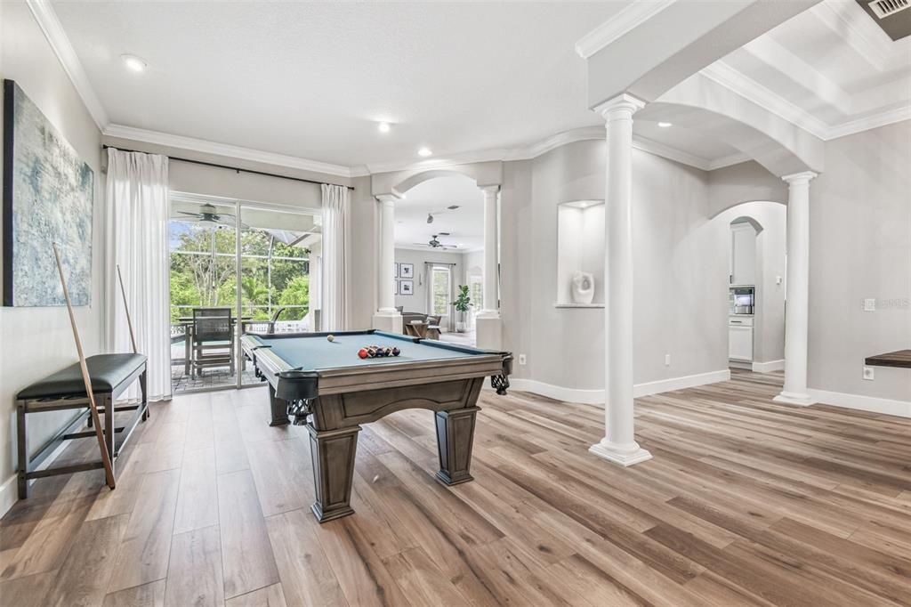 Billiard Table, Game Room, Interior, Recessed Lighting, Wood Texture Flooring