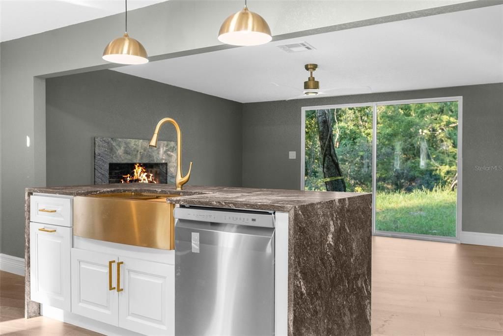 Fireplace, Interior, Kitchen, Pendant Lights, Stainless Steel Appliances, Wood Texture Flooring