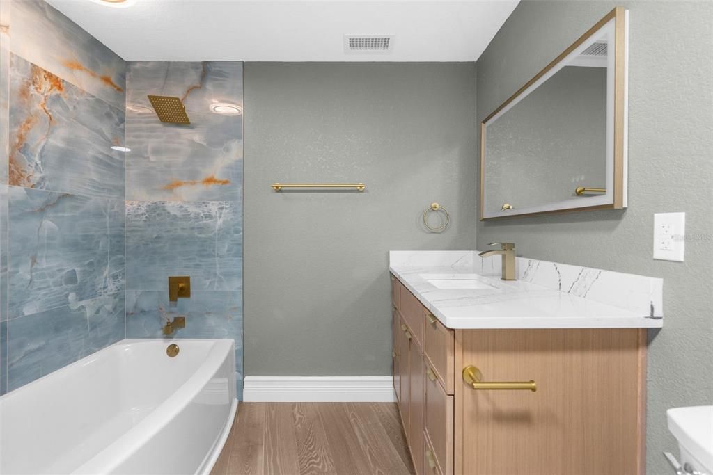 Bathroom, Interior, Marble Walls, Wood Texture Flooring