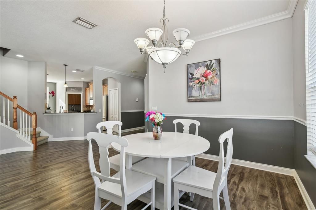 Chandelier, Dining room, Interior, Pendant Lights, Recessed Lighting, Wood Texture Flooring
