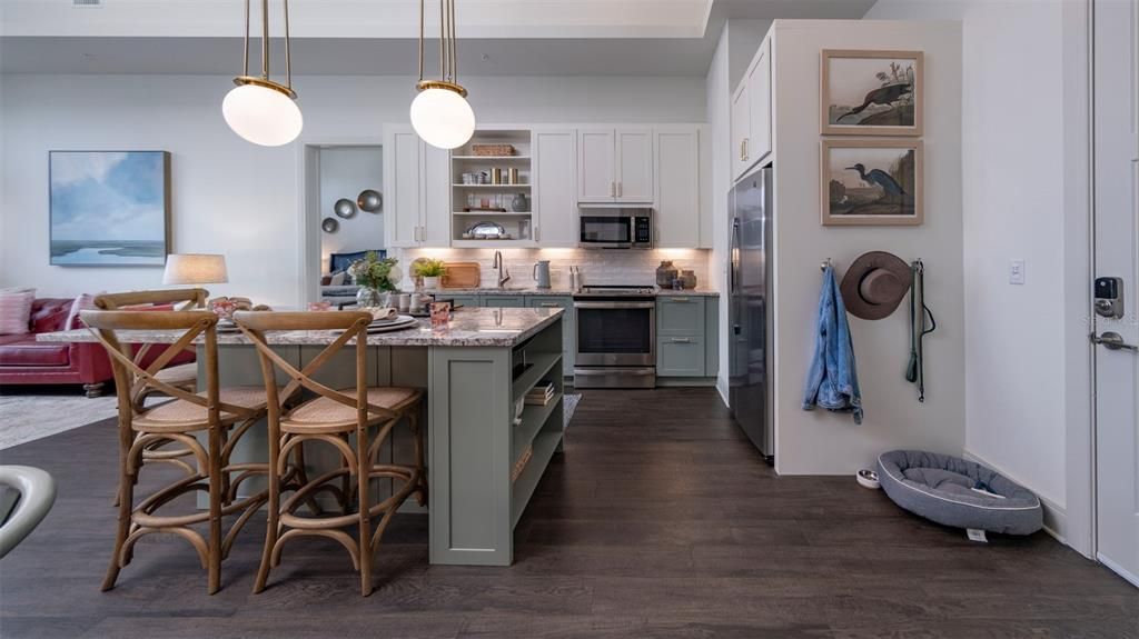 Interior, Kitchen, Pendant Lights, Stainless Steel Appliances, Wood Texture Flooring