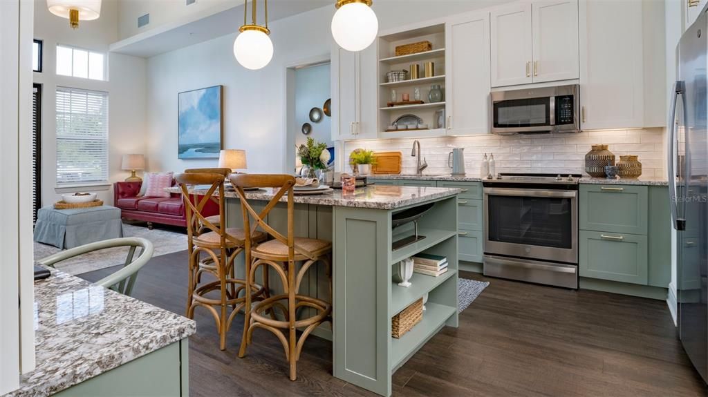 Interior, Kitchen, Pendant Lights, Stainless Steel Appliances, Wood Texture Flooring