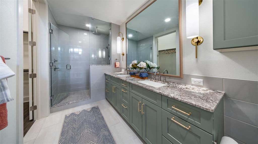 Bathroom, Dual Sink Vanities, Glass Shower, Interior, Recessed Lighting