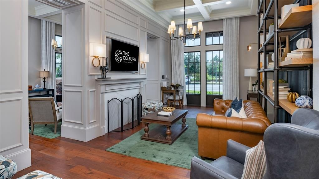 Chandelier, Fireplace, Interior, Living room, Recessed Lighting, Wood Texture Flooring