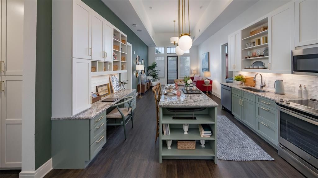 Dining room, Interior, Kitchen, Living room, Pendant Lights, Recessed Lighting, Stainless Steel Appliances, Wood Texture Flooring