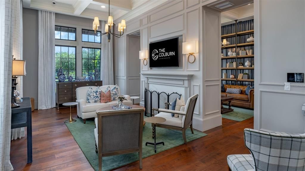 Chandelier, Fireplace, Interior, Living room, Pendant Lights, Recessed Lighting, Wood Texture Flooring