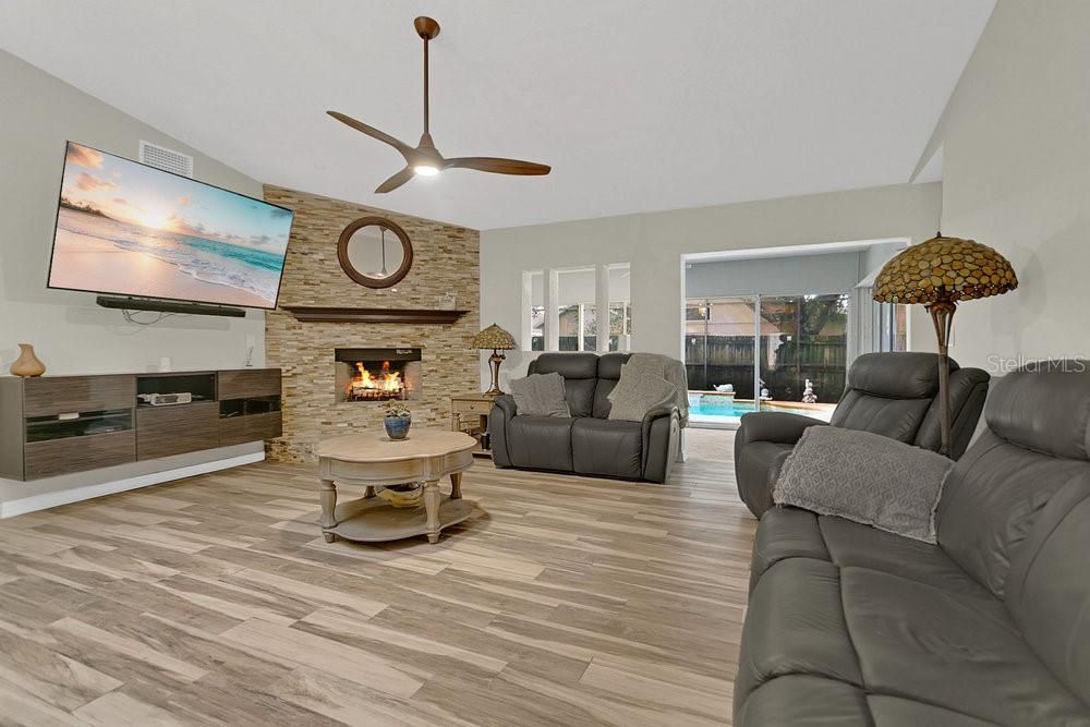 Fireplace, Interior, Living room, Stone Walls, Wood Texture Flooring