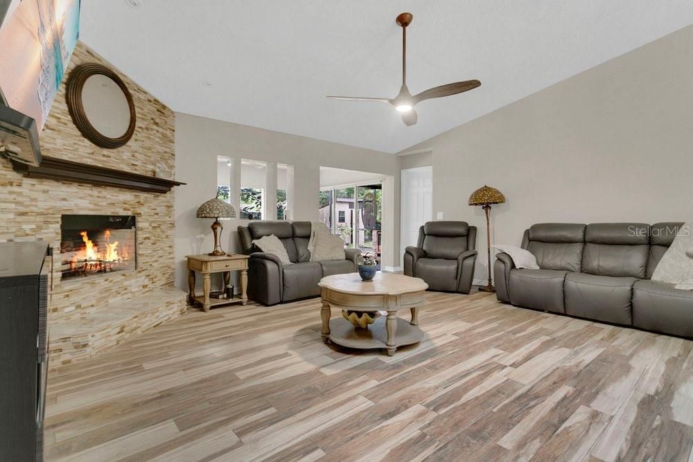 Fireplace, Interior, Living room, Stone Walls, Wood Texture Flooring