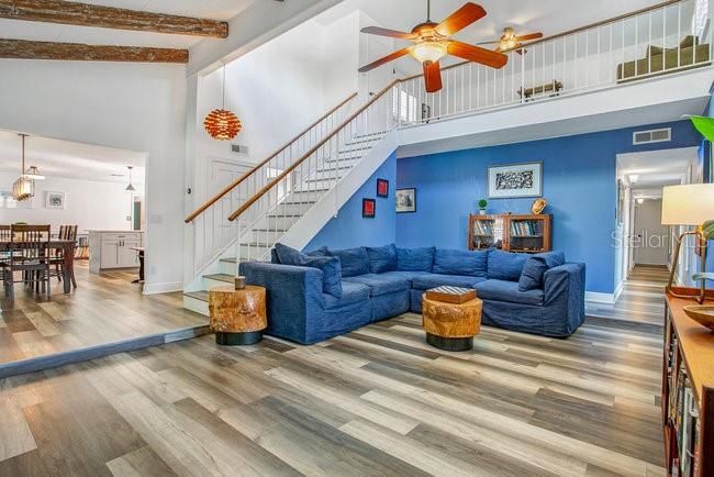 Dining room, Interior, Living room, Pendant Lights, Wooden Beams, Wood Texture Flooring