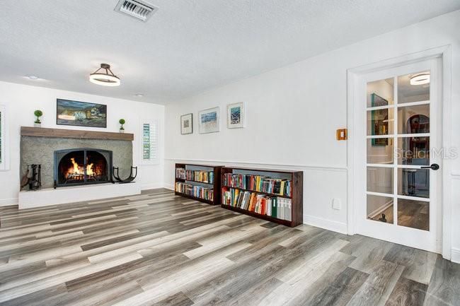 Empty room, Fireplace, Interior, Pendant Lights, Wood Texture Flooring