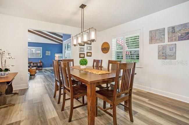 Dining room, Interior, Pendant Lights, Wooden Beams, Wood Texture Flooring