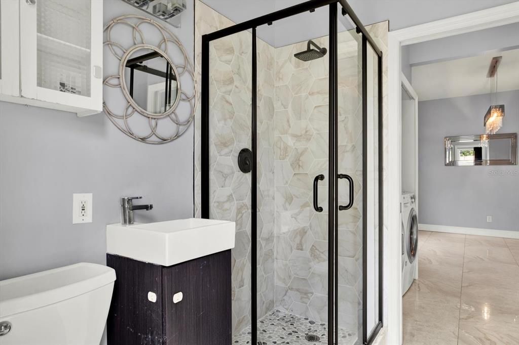 Bathroom, Glass Shower, Interior, Pendant Lights