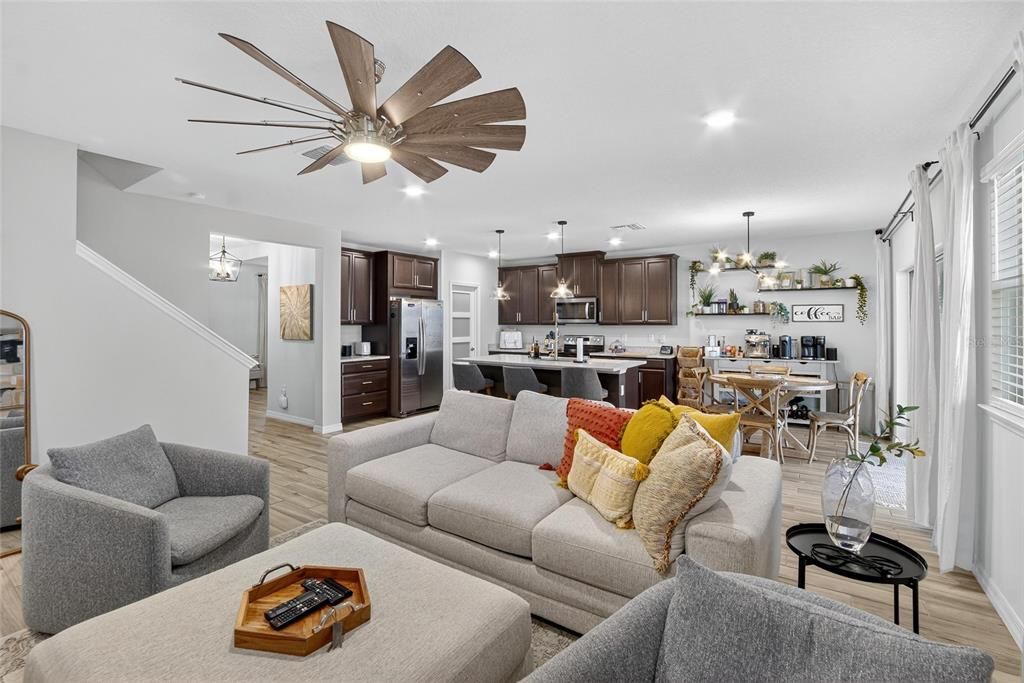 Dining room, Interior, Kitchen, Living room, Pendant Lights, Recessed Lighting, Stainless Steel Appliances, Wood Texture Flooring