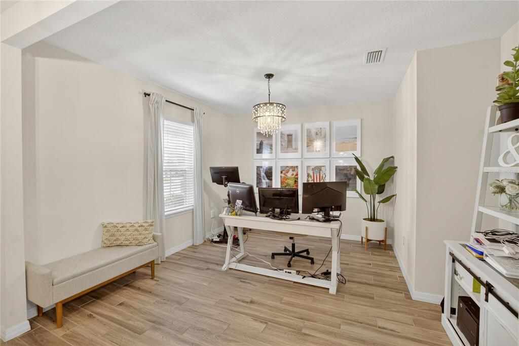 Chandelier, Home Office, Interior, Wood Texture Flooring